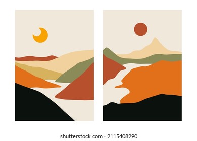 Abstract landscape minimalist posters. Nature contemporary mountain wallpapers, hand drawn backgrounds. Vector illustration