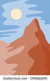 Abstract landscape modern background with mountains, clouds, sun, moon. Mid century modern minimalist art print. Vector. Scandinavian poster design in earth colors. Vertical template boho illustration