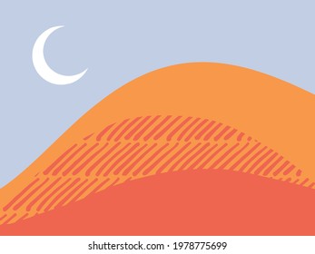 Abstract landscape. Moon and Hills with texture. Background with space for text, vector illustration, banner, poster