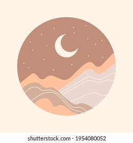 Abstract landscape with moon and mountains. Boho wall art. Hand drawn vector illustration.