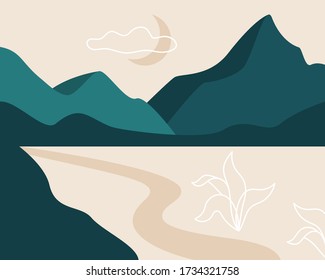Abstrakte Landschaft. Mond, Berge, Wolken, Fluss, Pflanzen. asiatisches Design. Hintergrund mit Platz für Text, Vektor-Illustration, Banner, Poster