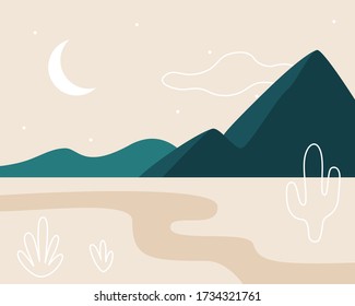 Paisaje abstracto. Luna, montañas, nubes, río, plantas. Diseño asiático. Fondo con espacio para texto, ilustración vectorial, banner, afiche