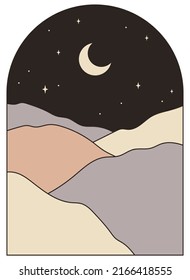 Abstract landscape with moon and mountains. Hand drawn vector illustration. Boho wall art. 