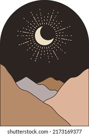 Abstract landscape with moon and mountains. Hand drawn vector illustration. Boho wall art. Home decor.