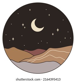 Abstract landscape. Moon and stars. Hand drawn vector illustration. Bohemian art.