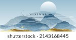 Abstract landscape mountain background. Luxury watercolor wallpaper design with sun, blue hills, birds and golden foil texture. Elegant gold line mountains for cover, banner, decoration, poster.