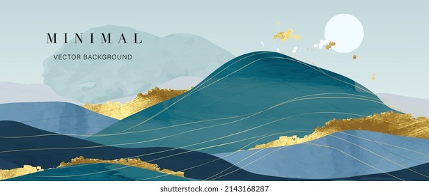 Abstract landscape mountain background. Luxury watercolor wallpaper design with sun, blue hills and golden foil texture. Elegant gold wave line mountains for cover, banner, decoration, poster.