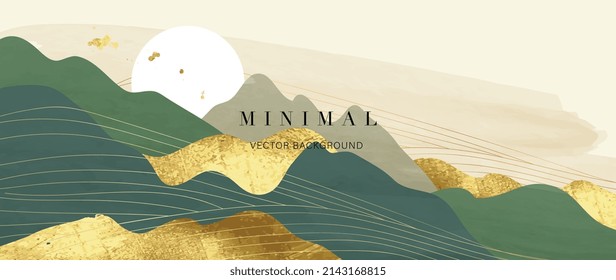 Abstract landscape mountain background. Luxury wallpaper design with circle sun, green hills and golden foil texture. Elegant panorama view of mountains suitable for cover, banner, decoration, poster.