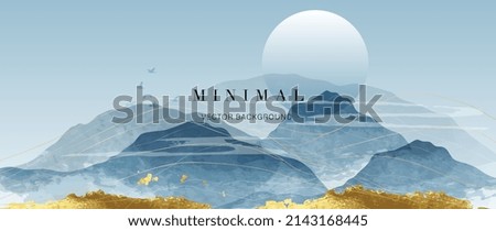 Abstract landscape mountain background. Luxury watercolor wallpaper design with sun, blue hills, birds and golden foil texture. Elegant gold line mountains for cover, banner, decoration, poster.