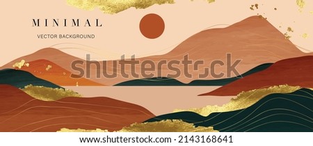 Abstract landscape mountain background. Luxury watercolor wallpaper design with sun, lake, gold wave line and golden foil texture. Elegant sunset view for cover, banner, decoration, poster.