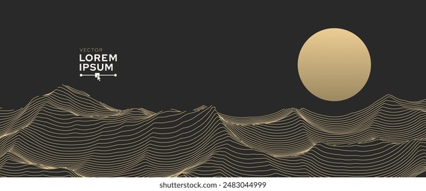 Abstract Landscape Mountain Golden Line Art Background. Golden Wavy Lines Isolated on Dark Background. Luxury Style Art Decoration Backdrop. Vector Illustration.