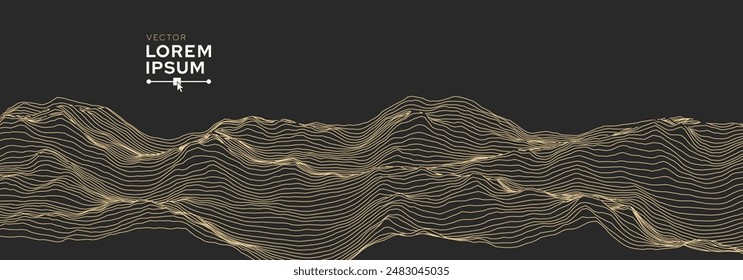 Abstract Landscape Mountain Golden Line Art Background. Golden Wavy Lines Isolated on Dark Background. Luxury Style Art Decoration Backdrop. Vector Illustration.