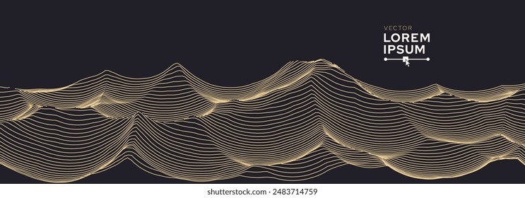 Abstract Landscape Mountain Golden Line Art Background. Golden Wavy Lines Isolated on Dark Background. Luxury Style Art Decoration Backdrop. Vector Illustration.