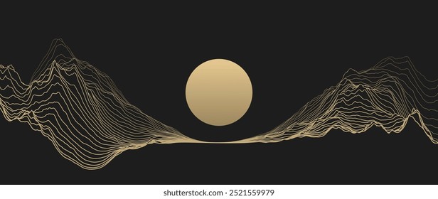 Resumo Landscape Mountain Golden Line Art Background. Linhas Onduladas Douradas Isoladas em Plano de Fundo Escuro. Estilo de luxo Arte Decoração Fundo. Ilustração de vetor.