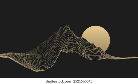 Resumo Landscape Mountain Golden Line Art Background. Linhas Onduladas Douradas Isoladas em Plano de Fundo Escuro. Estilo de luxo Arte Decoração Fundo. Ilustração de vetor.