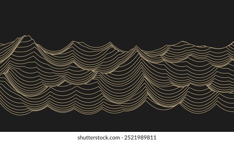 Fondo de arte de la línea dorada de la montaña del paisaje Abstractas. Líneas onduladas doradas aisladas sobre fondo oscuro. Fondo de decoración de arte de estilo de lujo. Ilustración vectorial.