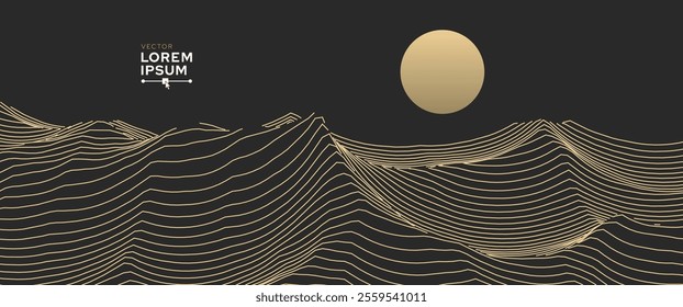 Abstract Landscape Mountain Golden Line Art Background. Golden Wavy Lines Isolated on Dark Background. Luxury Style Art Decoration Backdrop. Vector Illustration.