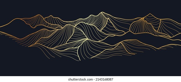 Abstract landscape mountain on dark background. Luxury line art wallpaper with hills in gold wave line. Elegant hand drawn mountains with golden texture for cover, banner, decoration, poster.