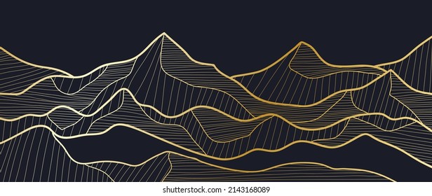 Resumen de montaña paisaje sobre fondo oscuro. Papel pintado con motivos de arte de lujo y línea brillante con colinas en línea de olas doradas. Elegantes montañas dibujadas a mano para cubierta, pancarta, decoración, afiche.