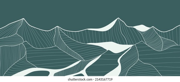 Abstract landscape mountain on Green background. Line art wallpaper design with hills in white wave line. Hand drawn panorama view of mountains suitable for cover, banner, decoration, poster.
