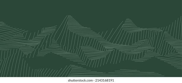 Abstract landscape mountain on Green background. Line art wallpaper design with hills in white wave line. Hand drawn panorama view of mountains suitable for cover, banner, decoration, poster.