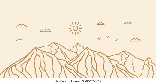 Abstract landscape mountain on Light background. Line art wallpaper design with hills in Golden wave line. Hand drawn panorama view of mountains suitable for cover, banner, decoration, poster.