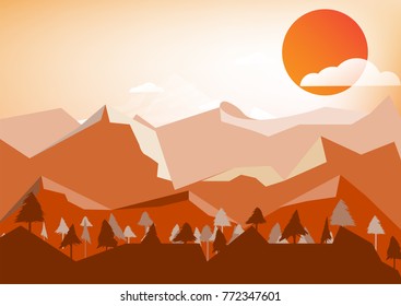 abstract landscape Mountain and sun on sky white background with Sunset smooth lines,vector illustration