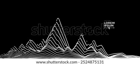 Abstract Landscape Mountain White Line Art Background. Golden Wavy Lines Isolated on Dark Background. Luxury Style Art Decoration Backdrop. Vector Illustration.