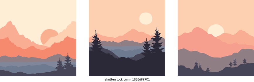 Abstract Landscape With Mountains And Firs. Three Vector Illustrations. Twilight, Sunset.