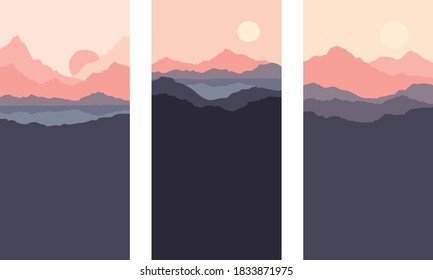 Abstract landscape with mountains and firs. Three vector illustrations, desktop wallpaper. Twilight, sunset.	