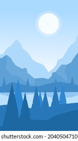 Abstract landscape with mountains and firs. Vector illustration
