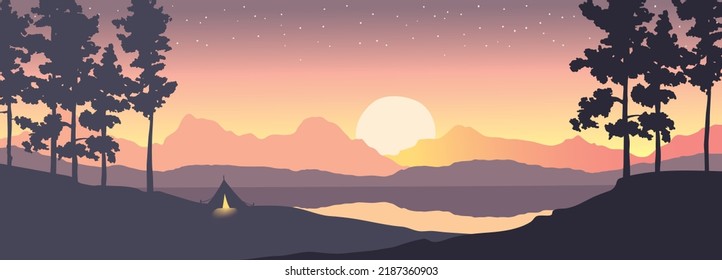 Abstract landscape with mountains and firs. Vector illustration, wallpaper about adventure and travel.	