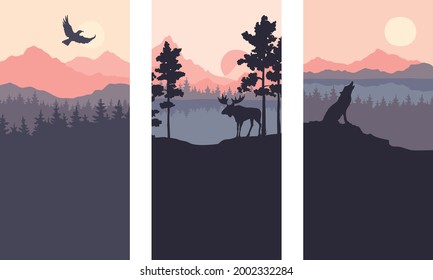 Abstract landscape with mountains, firs and wild animals. Three vector illustrations. Twilight, sunset.	