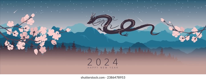 Abstract landscape with mountains, forest and a flying dragon. Banner for the year of the dragon. Vector illustration, narrow background, blooming sakura, starlight night.	