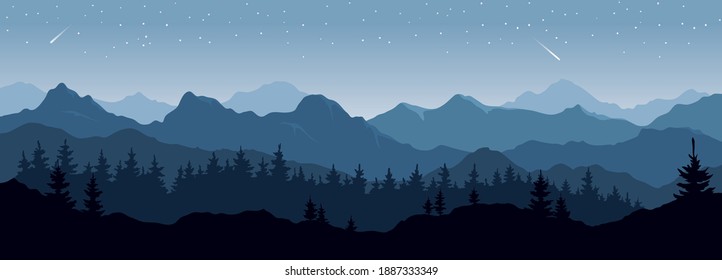 Abstract landscape with mountains and forest. Vector illustrations. Starlight night.	