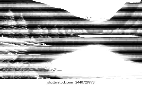 Abstract landscape of mountains and lake in a digital line art style.