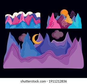 abstract landscape mountains moon sun sky water set black background vector illustration