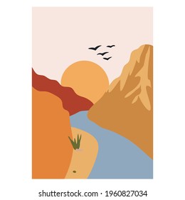 Abstract landscape. Mountains and river. Minimalistic landscape. Trendy print of nature, for posture, for decoration, background, for packaging, for web design.