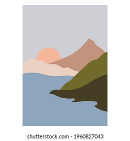 Paisaje abstracto. Montañas y ríos. Un paisaje minimalista. Impresión de moda de la naturaleza, para la postura, para la decoración, el fondo, para el embalaje, para el diseño web.