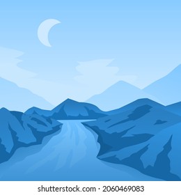 Abstract landscape with mountains and river. Vector illustration