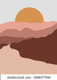 Abstract Landscape of Mountains and Rivers with the Sun in a Minimal Trend Style. Vector Background in Terracotta Colors for covers, Posters, Postcards, social media Stories. Boho Art Prints.