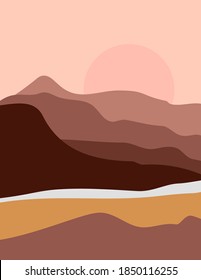 Abstract Landscape of Mountains and Rivers with the Sun in a Minimal Trend Style. Vector Background in Pastel Colors for covers, Posters, Postcards, social media Stories. Boho Art Prints.