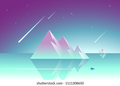 Abstract landscape with mountains and sea. Comets in the sky. Sailing motor boat. Flat style. Travel background.