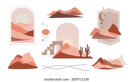 Abstract Landscape mountains set. Trendy, modern template for wall, banners, stories and posters. Simple flat style. Vector illustration