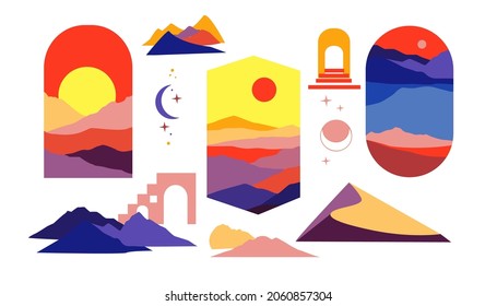 Abstract Landscape mountains set. Trendy, modern template card for wall, banners, stories, posters. Simple vector illustration. Flat style