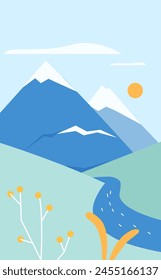 Paisaje Abstractas de montañas con nevada, plantas y río azul entre colinas verdes Ilustración vectorial