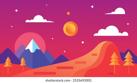 Abstract Landscape with Mountains, Sun, and Clouds