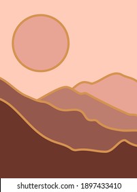 Abstract Landscape of Mountains with the Sun in a Minimal Trendy Style. Vector Background in Terracotta Colors for covers, Wall Art Print, Social media Stories. Boho Art Prints.