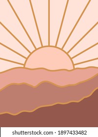 Abstract Landscape of Mountains with the Sun in a Minimal Trend Style. Vector Background in Terracotta and Gold Colors for covers, Posters, Postcards, social media Stories. Boho Art Prints.