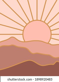 Abstract Landscape of Mountains with the Sun in a Minimal Trendy Style. Vector Background in Terracotta Colors for covers, Posters, Postcards, social media Stories. Boho Art Prints.